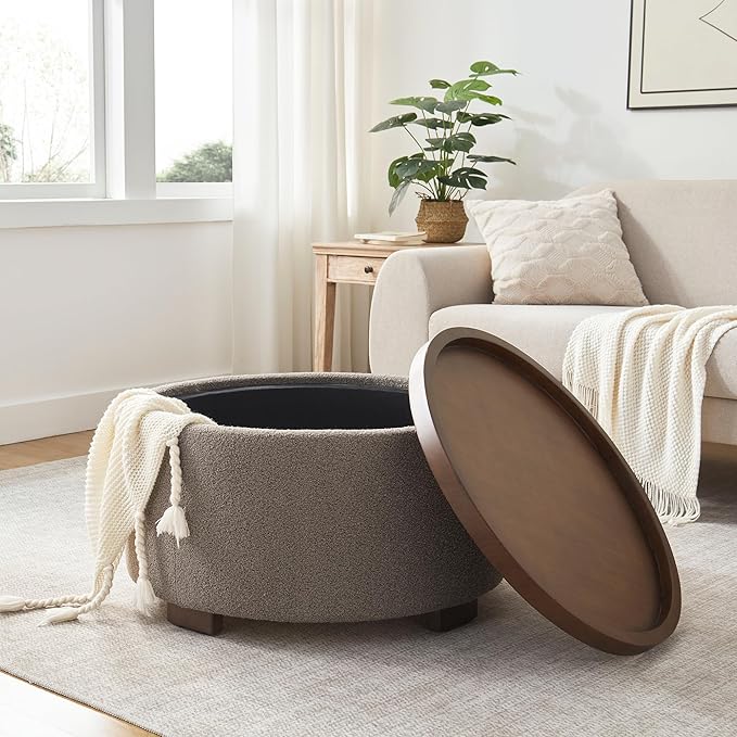 30 Inch Round Storage Ottoman Coffee Table, Modern Boucle Ottoman with Lift-Off Lid and Solid Wood Legs for Living Room, Bedroom, Corners, Apartments (Brown)