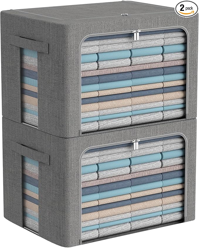 Clothes Storage Bins Box - Linen Fabric Foldable Stackable Container Organizer Set with Clear Window & Carry Handles & Metal Frame - 2Pack Large Capacity for Bedding, Blankets, Books-NeatNest