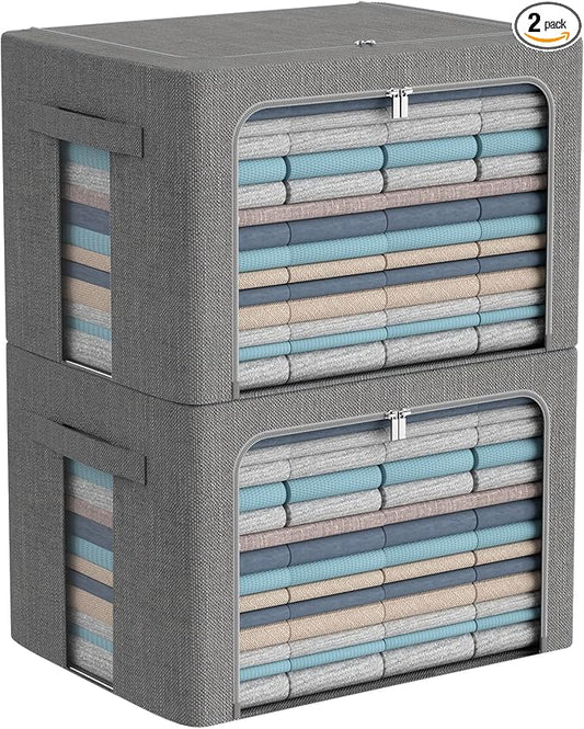 Clothes Storage Bins Box - Linen Fabric Foldable Stackable Container Organizer Set with Clear Window & Carry Handles & Metal Frame - 2Pack Large Capacity for Bedding, Blankets, Books-NeatNest