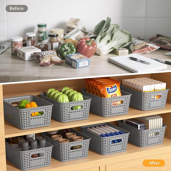 Gray Plastic Storage Baskets - Pack of 8 with Labels Stackable Durable Storage Bins, Storage Containers for Organizing Desks, Closets, Playrooms, Classrooms, Offices