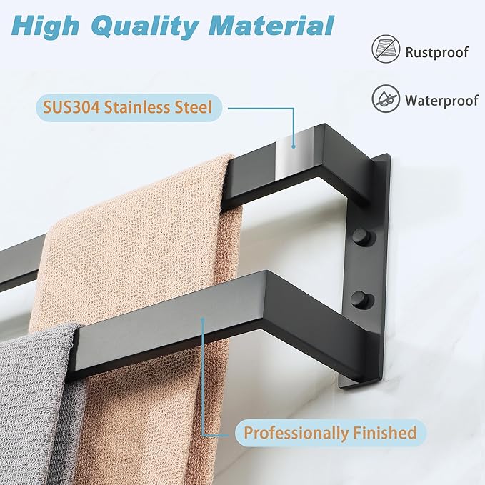 Alise Double Towel Bar 32", SUS304 Stainless Steel Towel Racks for Bathroom Wall Mounted, Space Saving Bathroom Towel Holder, Long Towel Hanger, Matte Black