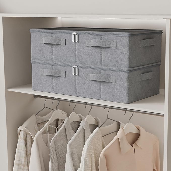 Underbed Storage Box, Foldable Under Bed Bins Container, Fabric Closet Organizer with Lid, for Clothes, Sheets, Blankets, 23.6x11.8x5.9in, Grey, 3 Pack-NeatNest