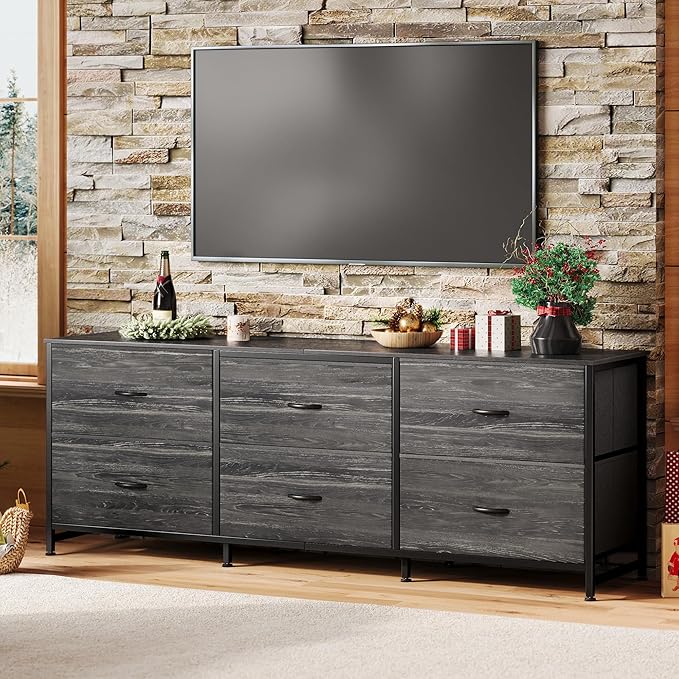 Huuger 63 Inch Long Dresser for Bedroom, TV Stand for 55, 65, 70 Inch TV, 6 Drawer Dresser for Closet with Fabric Drawers, Storage Organizer for Bedroom, Entryway, Charcoal Black Wood Grain Print-NeatNest