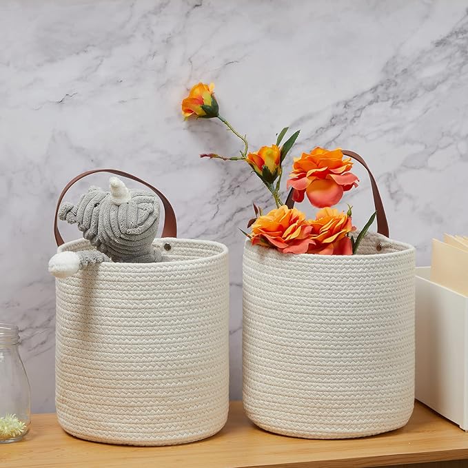 DULLEMELO Rope Hanging Baskets 2 Pack - 7"(D) x 8"(H) Small Woven Wall Storage Basket for Organizing,Hanging Decorative Baskets for Home Bedroom Office Plants (White)-NeatNest
