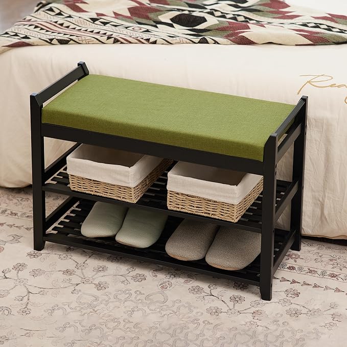 Shoe Rack Bench with Storage 27.6 in, Black Shoe Storage Bench with Cushion for Entryway, Hallway, Bedroom, Living Room-NeatNest