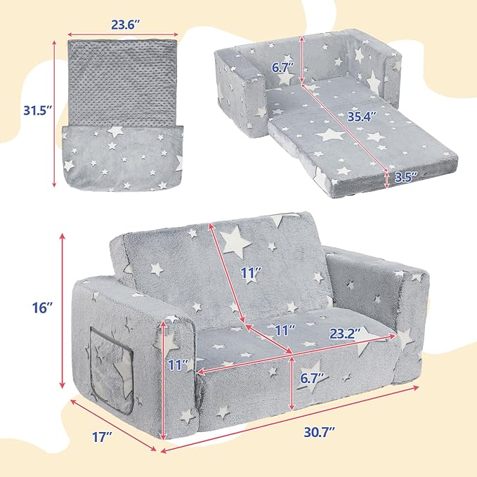 ALIMORDEN Fold Out Toddler Couch, Extra Wide Comfy 2-in-1 Cuddly Sherpa Sofa for Kids, with Removable Baby Friendly Blanket, Convertible Sofa to Bed, Star-NeatNest