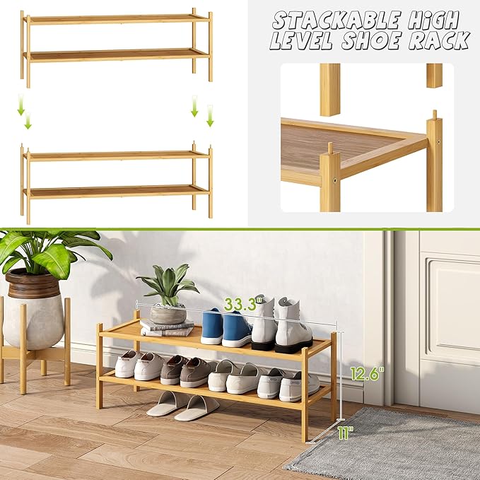 BMOSU 2-Tier Bamboo Extended Shoe Rack Premium Stackable Shoe Shelf Storage Organizer for Hallway Closet Living Room Entryway Organizer(Natural)-NeatNest