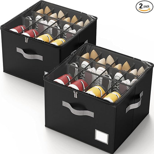 Criusia Shoe Organizer for Closet, Foldable Shoe Storage Organizer with Clear Cover and Sturdy Handles, Fit 12-16 Pairs, Closet Organizer for Shoes Sneakers Sandals Heels, 2 Pack, Black-NeatNest