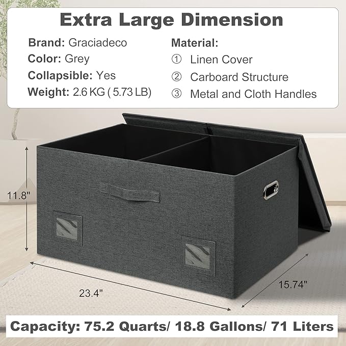 75 Quarts Extra Large Decorative Storage Bins with Lids, 3 Packs Dark Gray Collapsible Storage Bins with Lids, Stackable Storage Bins Decorative Box Storage With Lid Extra Large-NeatNest