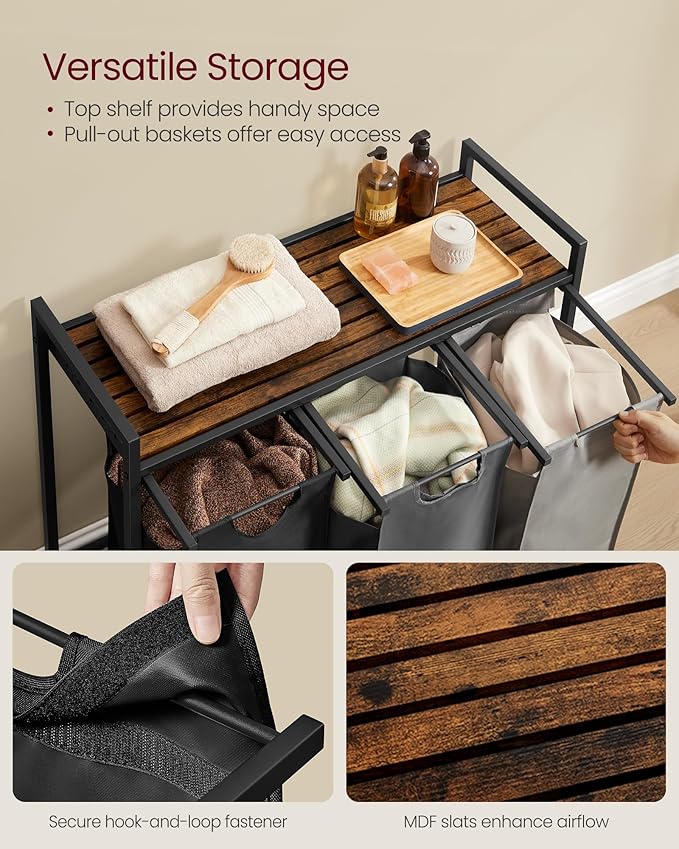 VASAGLE Laundry Hamper, Laundry Basket, Laundry Sorter with 3 Pull-Out and Removable Bags, Shelf, Metal Frame, 3 x 10.6 Gallons (40 L), 36.4 x 13 x 28.4 Inches, Tricolor and Rustic Brown UBLH301X01-NeatNest