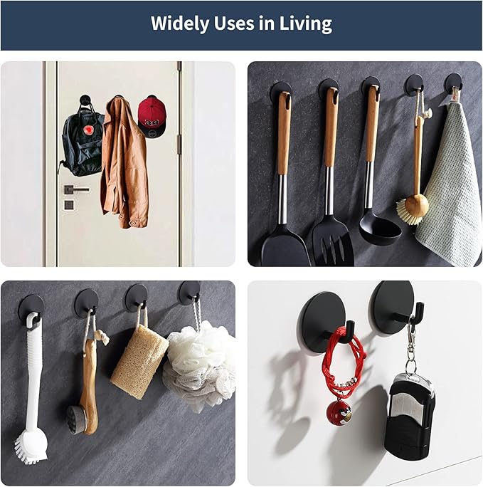 Adhesive Hooks Heavy Duty Waterproof in Shower Hooks for Hanging Loofah, Towels, Clothes, Robes for Bathroom Removable Adhesive Wall Hooks Door Hook Stainless Steel Black Stick on Hooks 4 Pcs