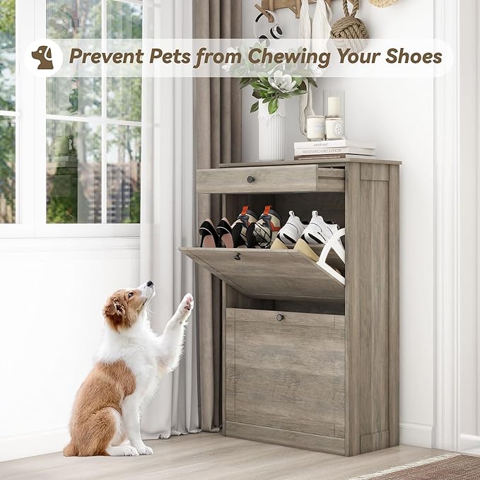 Shoe Cabinet with 2 Flip Drawers, Narrow Freestanding Shoe Storage Organizer, Slim Wooden Hidden Shoe Rack for Front Door Entrance, Closet, Hallway, Living Room, Rustic Gray-NeatNest