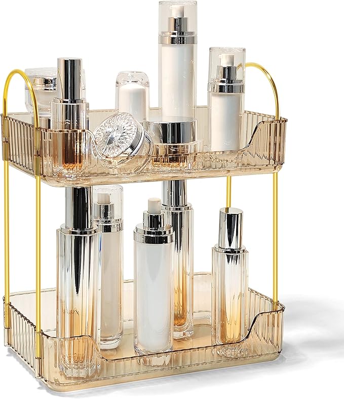 Bathroom Counter Organizer Countertop Storage Skincare Countertop Makeup Organizer Cosmetics Skincare Organizers Holder for Perfume-Amber-golden pole-NeatNest