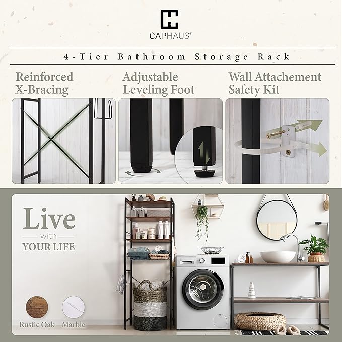 CAPHAUS Over The Toilet Storage, 4-Tier Bathroom Organizer, Freestanding Toilet Shelf, Multifunctional Space Saver Toilet Rack with 4 Hooks, Laundry Organizer, Plant Stand for Balcony (Rustic Oak)-NeatNest
