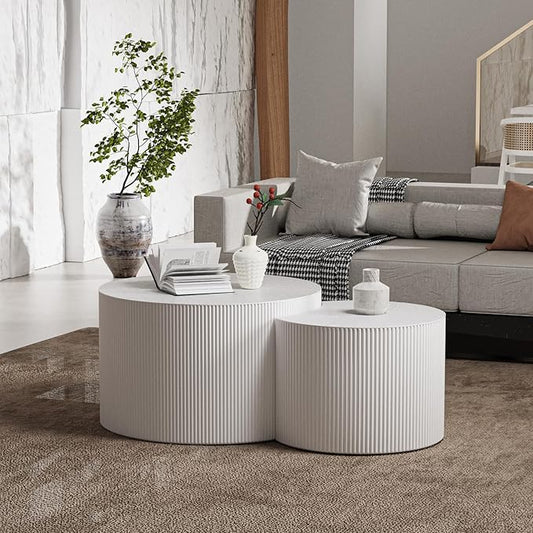 Modern Drum Coffee Table Set of 2 Stylish Minimalism Wave Stripe Fluted Nesting End Table - No Assemble, for Small Space (C-27.6IN+19.7IN)