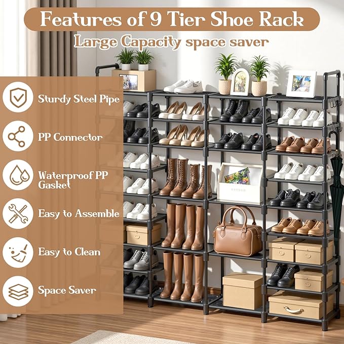 9 Tier Shoe Rack Storage Organizer Stand Shelf Cabinet, Large Shoe Rack Shelf Storage for 64-68 Pairs Freestanding Stand Cabinet with 18 Pcs Removable Side Hooks for Closet Entryway-NeatNest