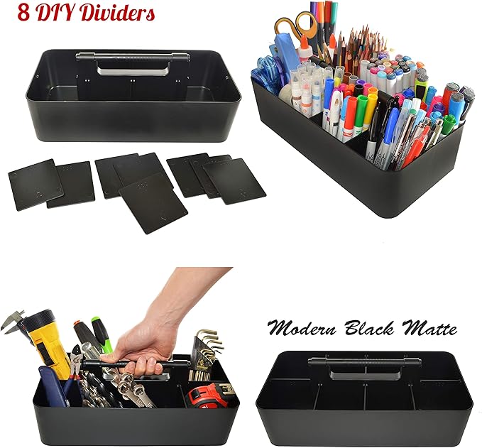 8 Compartments DIY Dividers,Large Portable Caddy, Multi Purpose,Stackable, Modern Solution for School, office, Desktop Endless use of your Choice -MADE IN USA (Black)-NeatNest