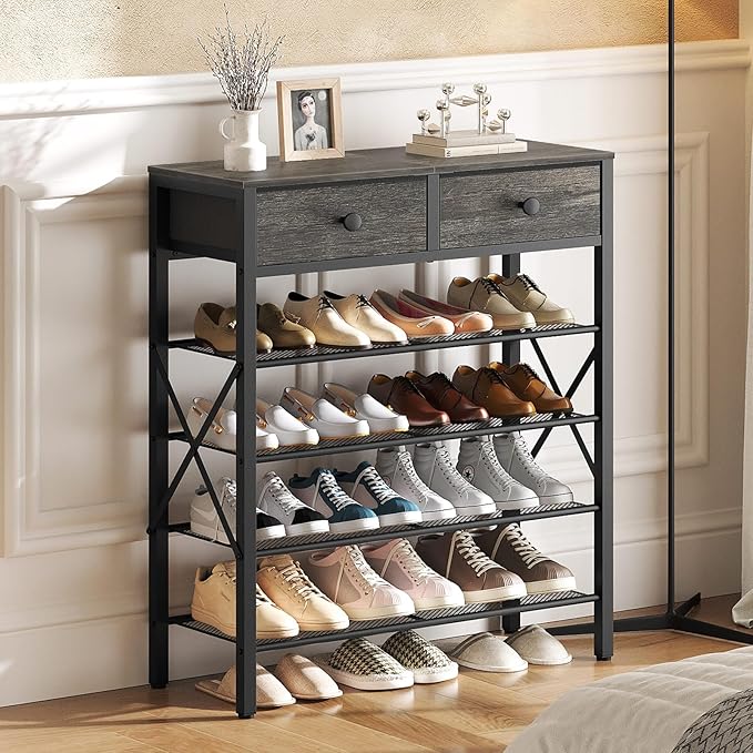 5 Tier Shoe Rack, Large Capacity Shoe Storage Organizer, Metal Shoe Shelf with Drawer and Wooden Top, for 20 Pairs of Shoes, for Entryway, Closet, Charcoal and Black SS25BCY1-NeatNest