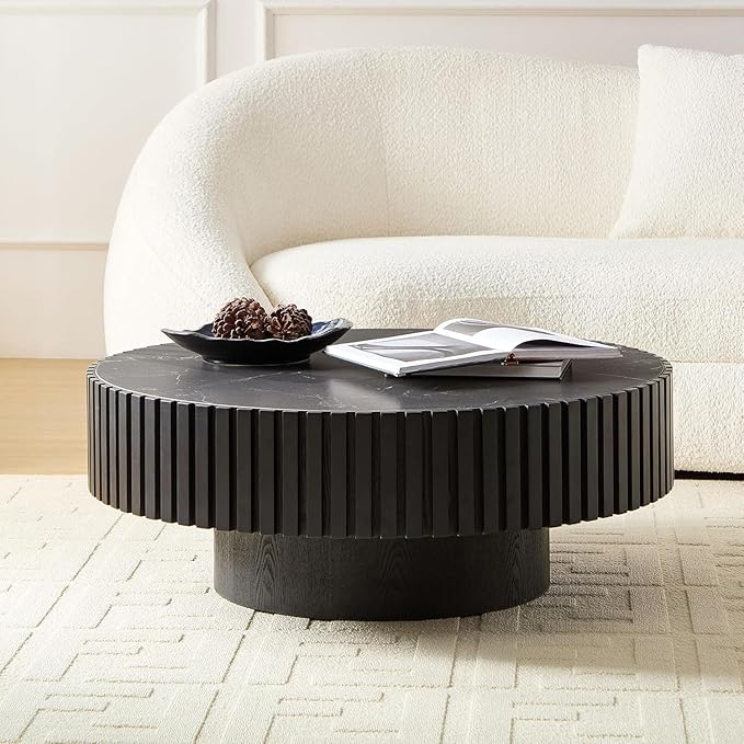 Coffee Table Stone Round 35.43'' for Living Room Modern Coffee Tables Wood Circle Drum Tea Fluted Solid Wooden Veneer Sintered Tabletop Handcraft Home Furniture for Apartment Easy Assembly Black-NeatNest