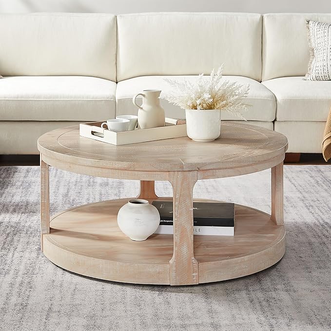 Coffee Table Round Wood Oak 40" Coffee Tables for Living Room Modern Circle Center 2-Tier Solid Desktop Minimalistic Design Accent with Shelf Storage Home Furniture Apartment Office Easy to Assemble-NeatNest