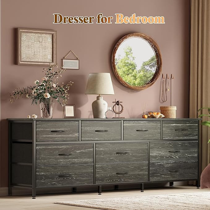 Huuger 63 Inch Dresser for Bedroom, Long Dresser with 10 Fabric Drawers, Large TV Stand for 55, 65, 70 Inch TV, Toy Storage Organizer for Closet, Charcoal Black Wood Grain Print-NeatNest