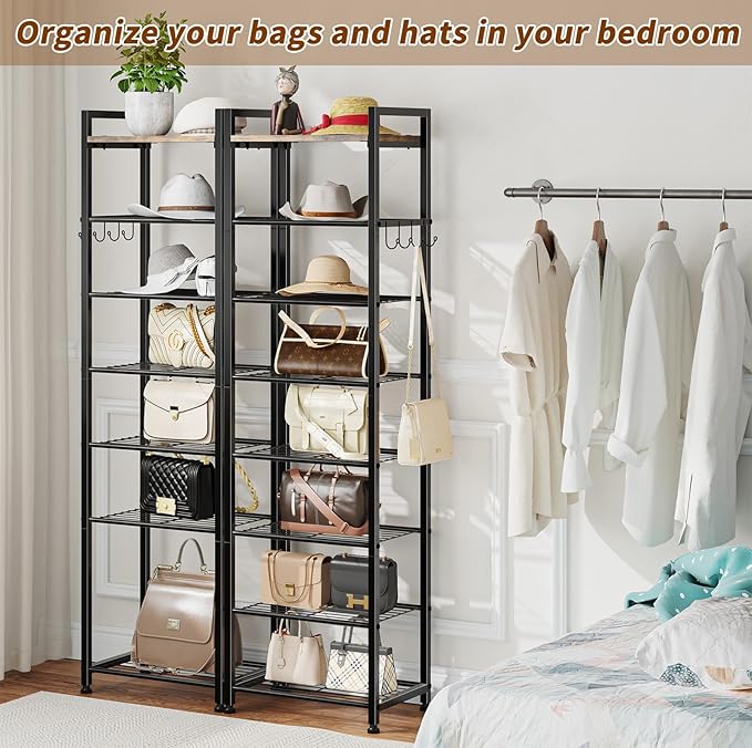 Simple Trending 8 Tiers Shoe Rack 16 Pairs Tall Wooden Plank Shoe Shelf with Hooks for Closet Entryway Organizer Sturdy Free Standing Shoe Storage Cabinet，Black-NeatNest