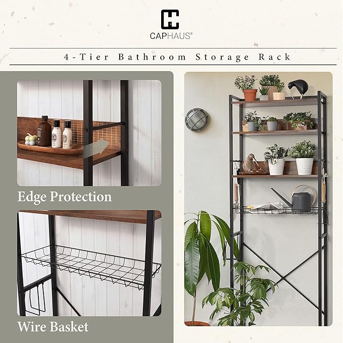CAPHAUS Over The Toilet Storage, 4-Tier Bathroom Organizer, Freestanding Toilet Shelf, Multifunctional Space Saver Toilet Rack with 4 Hooks, Laundry Organizer, Plant Stand for Balcony (Rustic Oak)-NeatNest