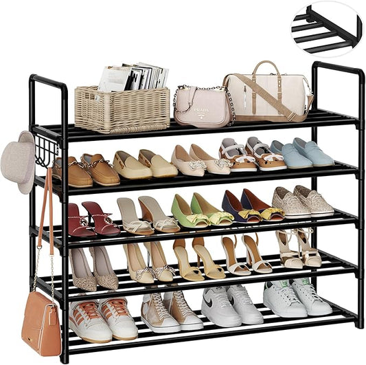 Metal Shoe Organizer,5 Tiers Shoe Storage Shoe Rack with Hooks,Fit 20-25 Pairs,Adjustable Shoe Shelf for Entryway,Hallway,Bedroom,Metal Bottom Support-NeatNest