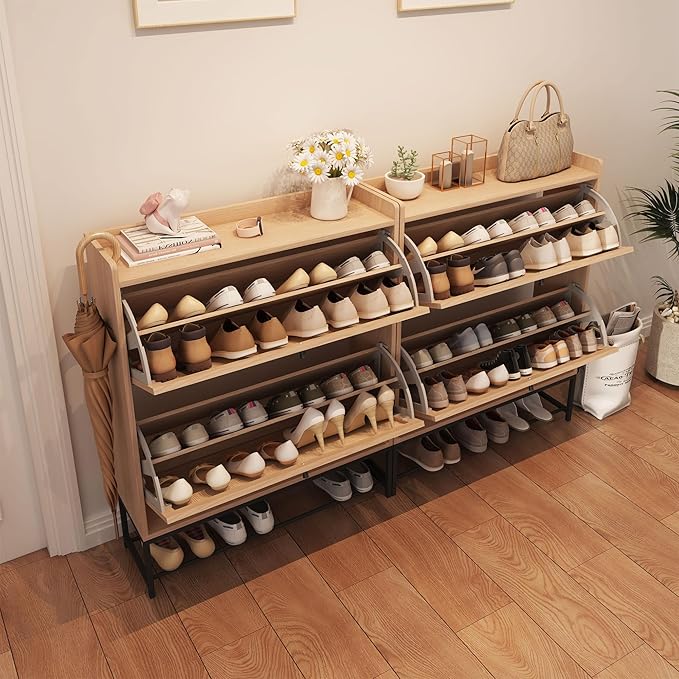 AVZEAR Narrow Shoe Storage Cabinet for Entryway with 2 Flip Drawers, Freestanding Shoe Cabinet with Natural Linen Panel, Slim Wood Shoe Organizer Closed Shoe Rack for Hallway, Foyer(Natural)-NeatNest