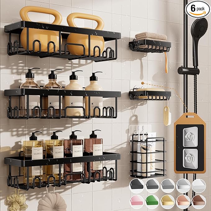 Veken Rustproof & Waterproof Shower Caddy 6-Pack, No Drilling Adhesive Shelves Rack with Soap Holder, Large Capacity Bathroom Organizers and Storage, Wall-Mounted Kitchen & Home Decor-NeatNest