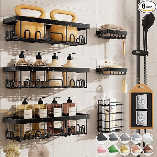 Veken Rustproof & Waterproof Shower Caddy 6-Pack, No Drilling Adhesive Shelves Rack with Soap Holder, Large Capacity Bathroom Organizers and Storage, Wall-Mounted Kitchen & Home Decor-NeatNest