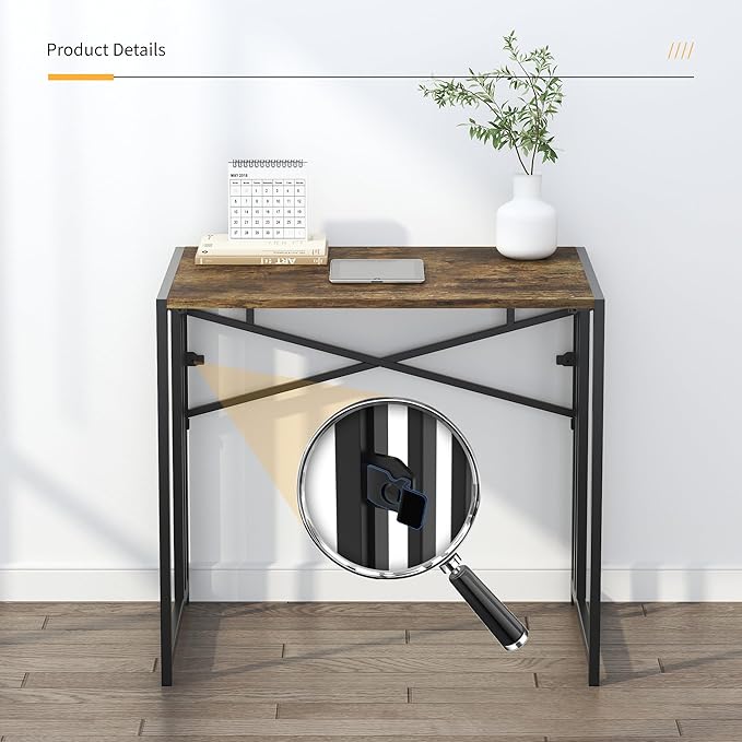 32 inch Small Folding Computer Desk, Writing Gaming Computer Desk for Small Spaces, No Assembly Required Home Office Desk, Rustic Brown-NeatNest