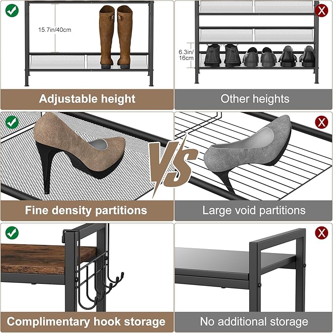 Refrze Shoe Rack for Front Door Entrance, 4 Tier Height-Adjustable Metal Shoe Rack, Sturdy Wooden Top and Tiltable Steel Frame Heavy Duty Shoe Organizer for Bathroom,Bedroom,Kitchen，Include Hook-NeatNest