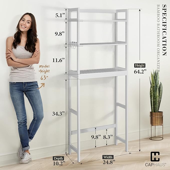 CAPHAUS Over The Toilet Storage Shelf,3-Tier Bathroom Organizer Shelf Rack Over Toilet with Hooks & Adjustable Feet,Freestanding Toilet Shelf, Bathroom & Laundry Organizer,Balcony Plant Stand, White-NeatNest