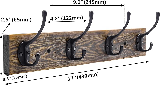 IBosins Wall Mounted Coat Rack, Entryway Hanging , Metal Wood Rack with 4 Black Literary Rustic Hooks Rail for Scarf, Bag, Towel, Key, Cap, Cup, Hat (Brown)-NeatNest