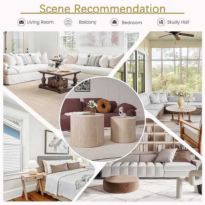 Round Coffee Table Set of 2 Modern Nesting Coffee Tables Wooden Drum Coffee Tables with Non-Slip Feet, Circle Nesting Tables End Table for Living Room Office, No Assembly (Travertine 18.11"+14.57")