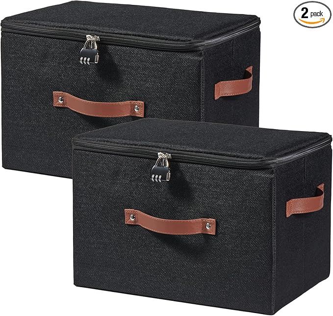 2PCS Storage Bins Boxes with Zipper Lid Combination Lock PU Leather Handles Cotton Linen Fabric Lidded Lockable Baskets Foldable Washable Closet Shelf Organizer Container (Black, Large)