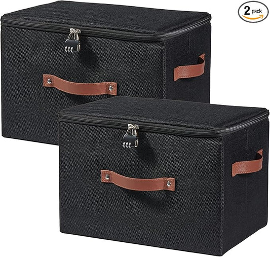 2PCS Storage Bins Boxes with Zipper Lid Combination Lock PU Leather Handles Cotton Linen Fabric Lidded Lockable Baskets Foldable Washable Closet Shelf Organizer Container (Black, Large)