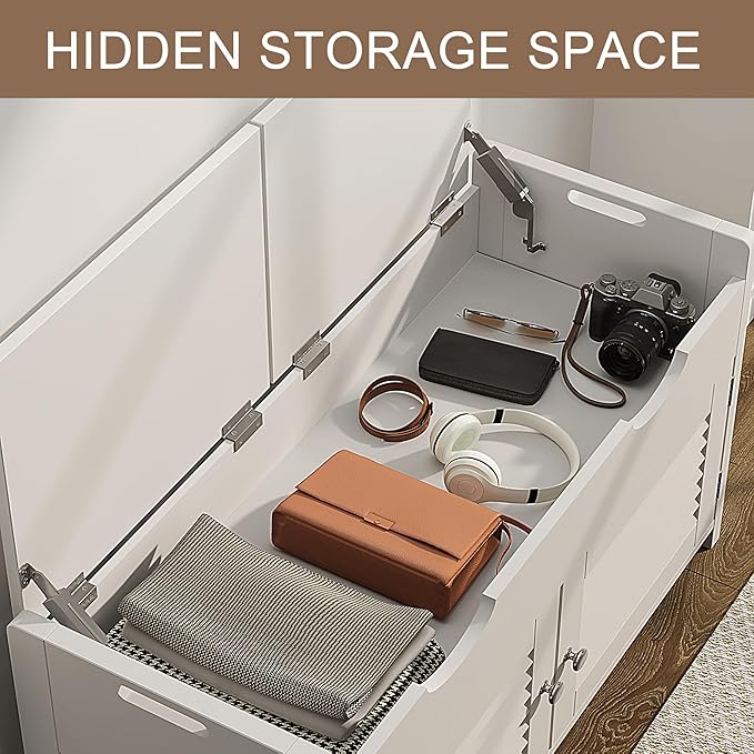 ChooChoo Shoe Storage Bench with Lift Top Storage, Entryway Bench with 2 Cushioned Seats, 3 Compartments, Adjustable Shelf, Shoe Cabinet for Entryway, Bedroom, Living Room, White-NeatNest