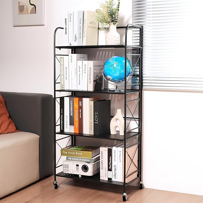 Foldable 5-Tier Metal Shelf with Wheels - Folding Bookshelf Unit for Living Room, Kitchen, Study 12.6" D x 23.6" W x 57.0" H, Matte Black