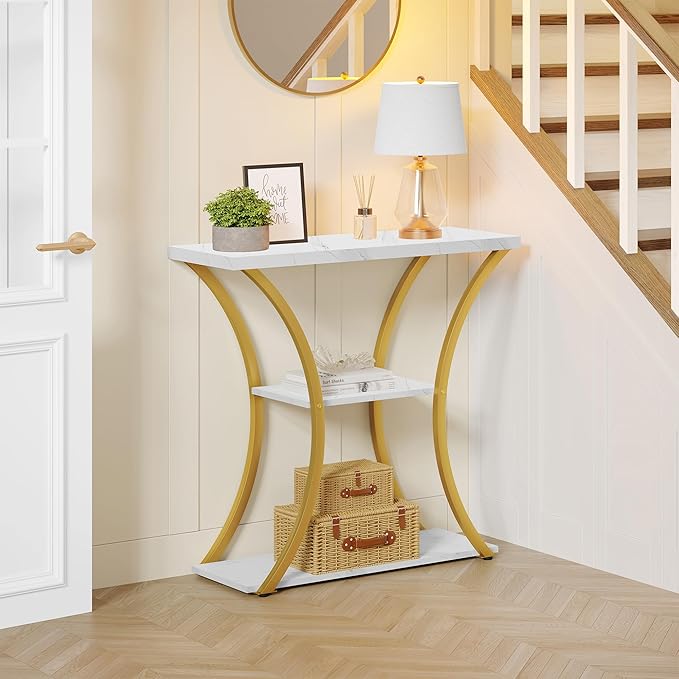Hoctieon 3 Tier Console Table with Open Wood Shelves, Decorative Entryway Table with Curved Metal Frames, Narrow Sofa Table for Entrance, Living Room, Hallway, Gold and White Marbled-NeatNest