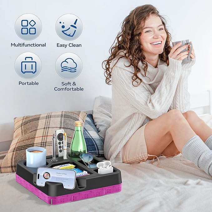 Couch Cup Holder Tray Couch Cup Holder Pillow Bed Tray Snack Sofa Bed Caddy Organizer Beach Sofa Drink Holder Anti-Spill Portable Snack Caddy Couch Remote Holder for Phone Pad Kindle Beverage Purple-NeatNest