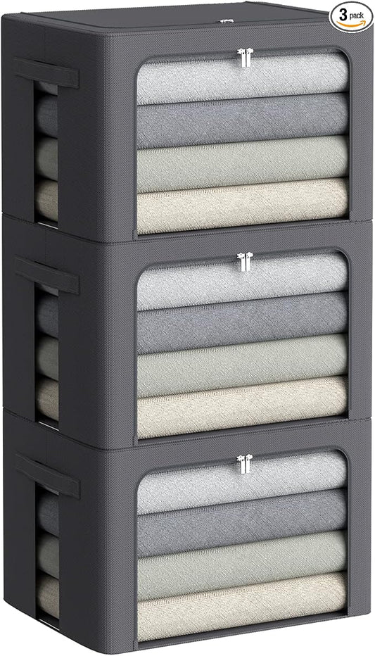 3Pack Stackable Clothes Storage Bins - Oxford Frame Storage Box Foldable Clothing Storage Container Organizer Set with Clear Window & Carry Handles Large Capacity (Dark Gray, Large-66L)-NeatNest