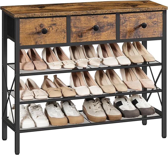 4-Tier Shoe Rack with 3 Drawers, Metal Shoe Organizer for 15 Pairs with Storage Shelves and Wooden Top, for Entryway, Hallway, Foyer, Closet, Rustic Brown and Black SS34BR-NeatNest