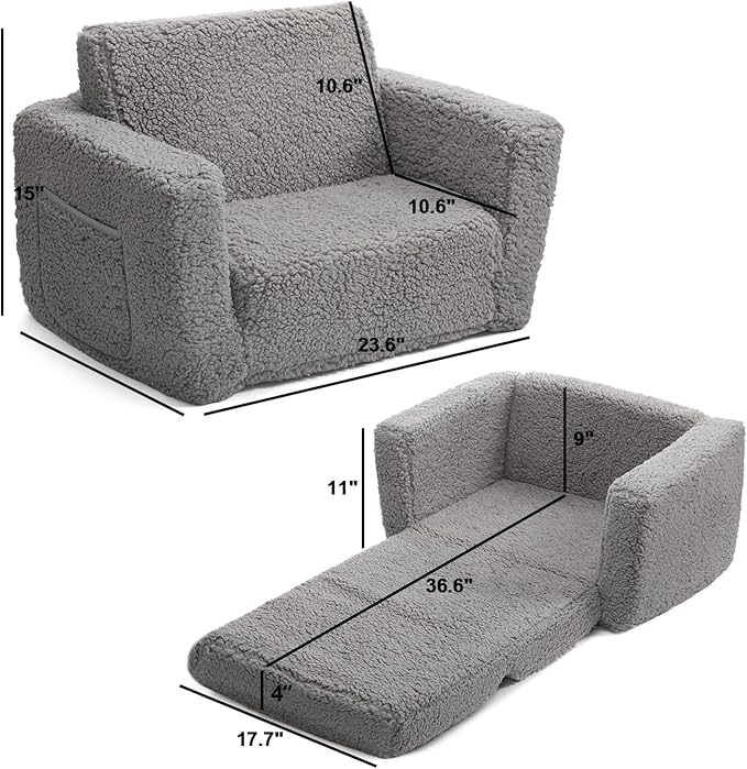 ALIMORDEN 2-in-1 Flip Out Cuddly Sherpa Toddler Couch, Convertible Sofa to Lounger, Grey-NeatNest