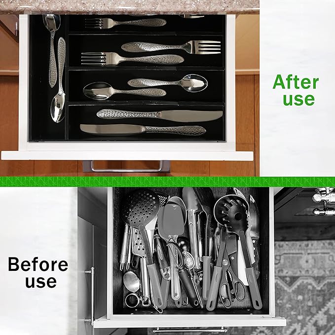 Greenual Black Silverware Organizer 10 In Utensil Organizer Silverware Tray for Drawer Cutlery Flatware Organizer for Kitchen Bamboo Wood-NeatNest