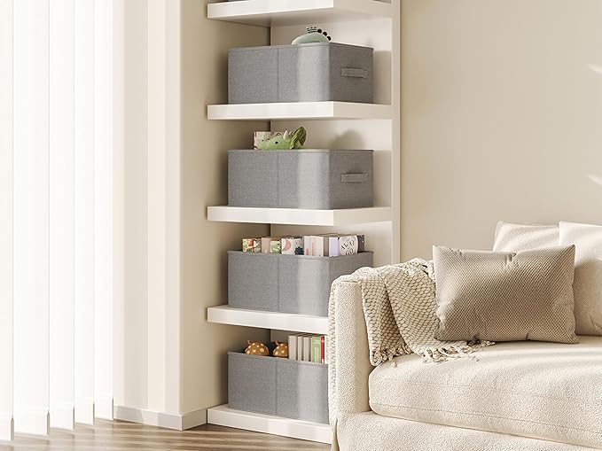 3 Pack Fabric Storage Bins for Shelves | 11.5x8.75x6.5in Closet Storage Baskets | Collapsible Storage Bins | Fabric Closet Organizers with Handles | Light Gray-NeatNest