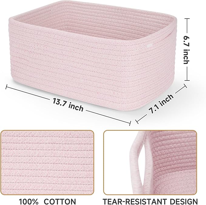 3-Pack Storage Baskets for Organizing | Woven Shelf Toy Basket | Rope Baskets for Gifts Empty | Closet Organizer Bins with Handles | Cube Decorative Box | 13.7×7.1×6.7” | Mixed Pink-NeatNest