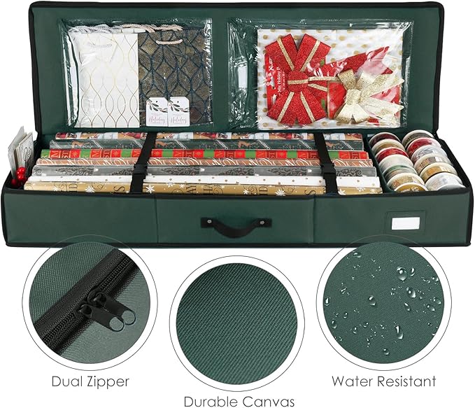 Hearth & Harbor Wrapping Paper Storage Container - Christmas Storage Bag with Interior Pockets - Gift Wrapping Organizer Storage Fits Up to 22 Rolls of 40" - Tear Proof Wrapping Paper Organizer-NeatNest