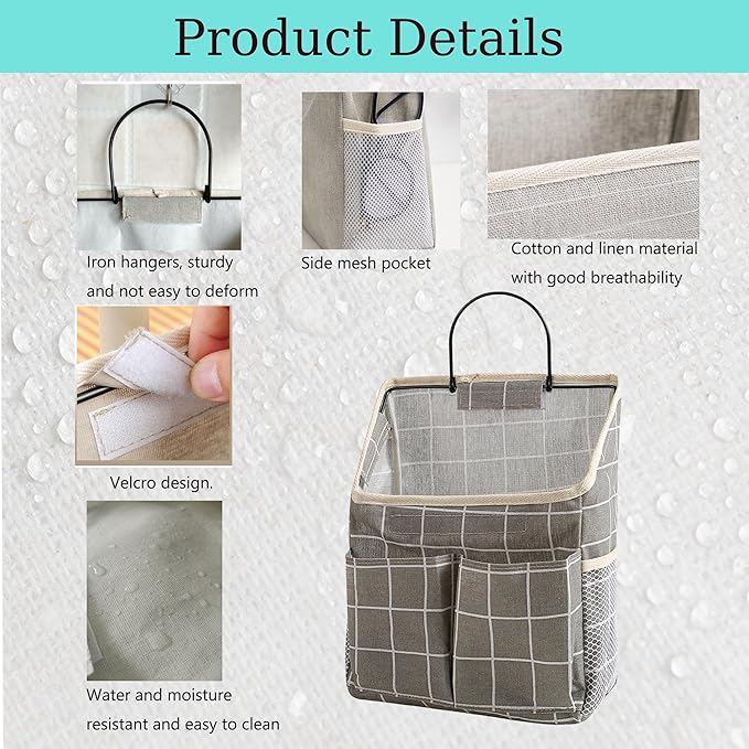 2pcs Wall Hanging Storage Bag,Wall Hanging Organizer Bags with Pockets, Wall Organizer Storage for Dormitory Bathroom Bedroom Kitchen(Grey Grid)-NeatNest